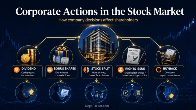 Corporate actions in the stock market showing how dividend, bonus shares, stock split, rights issue and share buyback create different shareholder outcomes