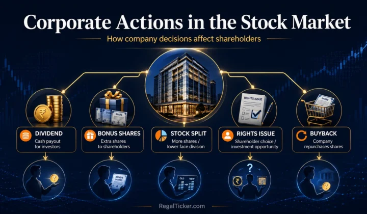 Corporate actions in the stock market showing how dividend, bonus shares, stock split, rights issue and share buyback create different shareholder outcomes
