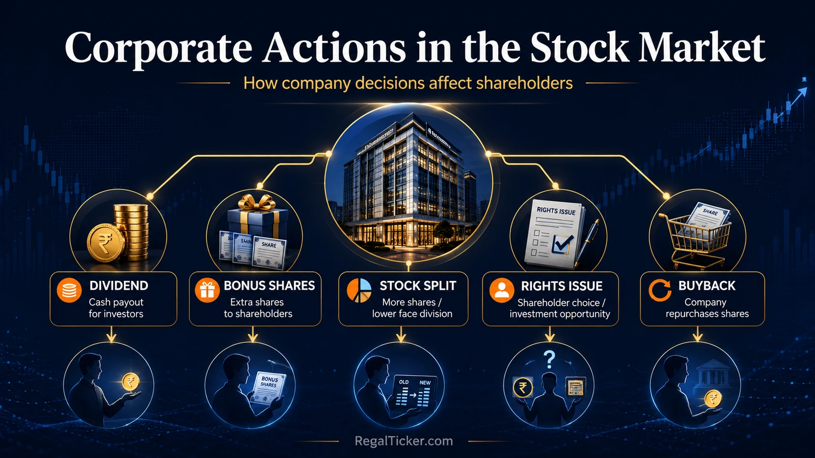 Corporate actions in the stock market showing how dividend, bonus shares, stock split, rights issue and share buyback create different shareholder outcomes