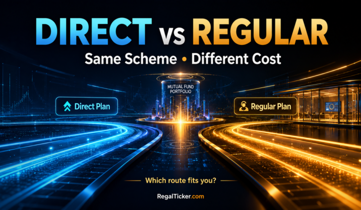 Direct and regular mutual fund plans shown as two investment routes leading to the same portfolio with different costs