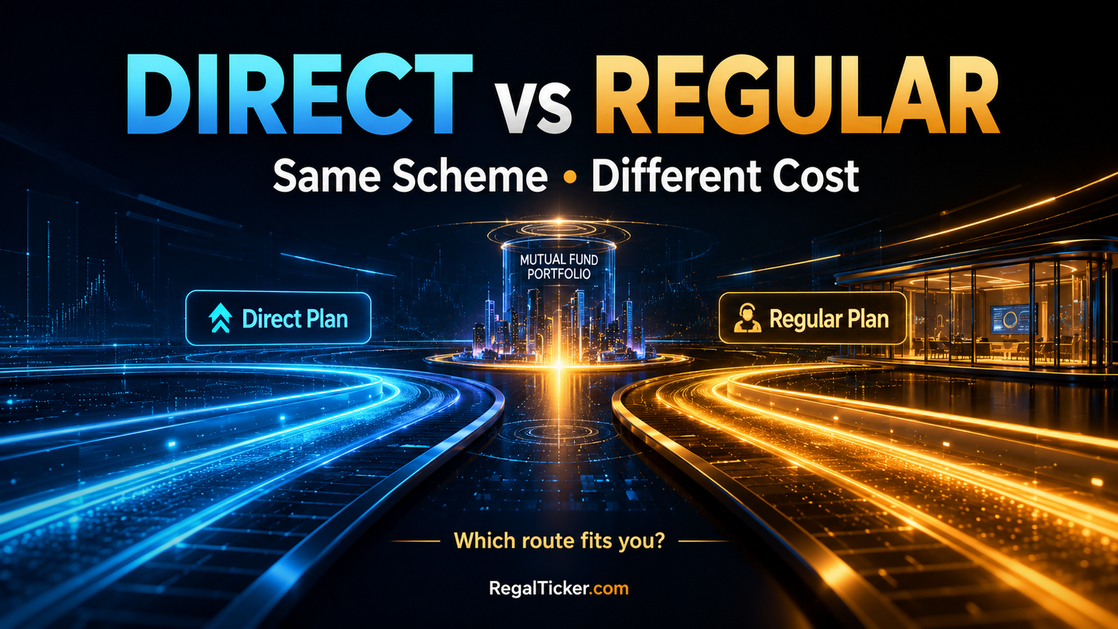 Direct and regular mutual fund plans shown as two investment routes leading to the same portfolio with different costs