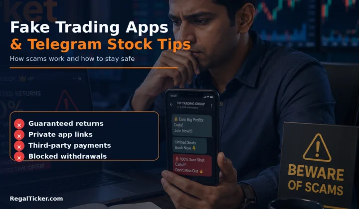 Indian investor identifying a fake trading app and Telegram stock-tip scam involving guaranteed returns, private groups and blocked withdrawals
