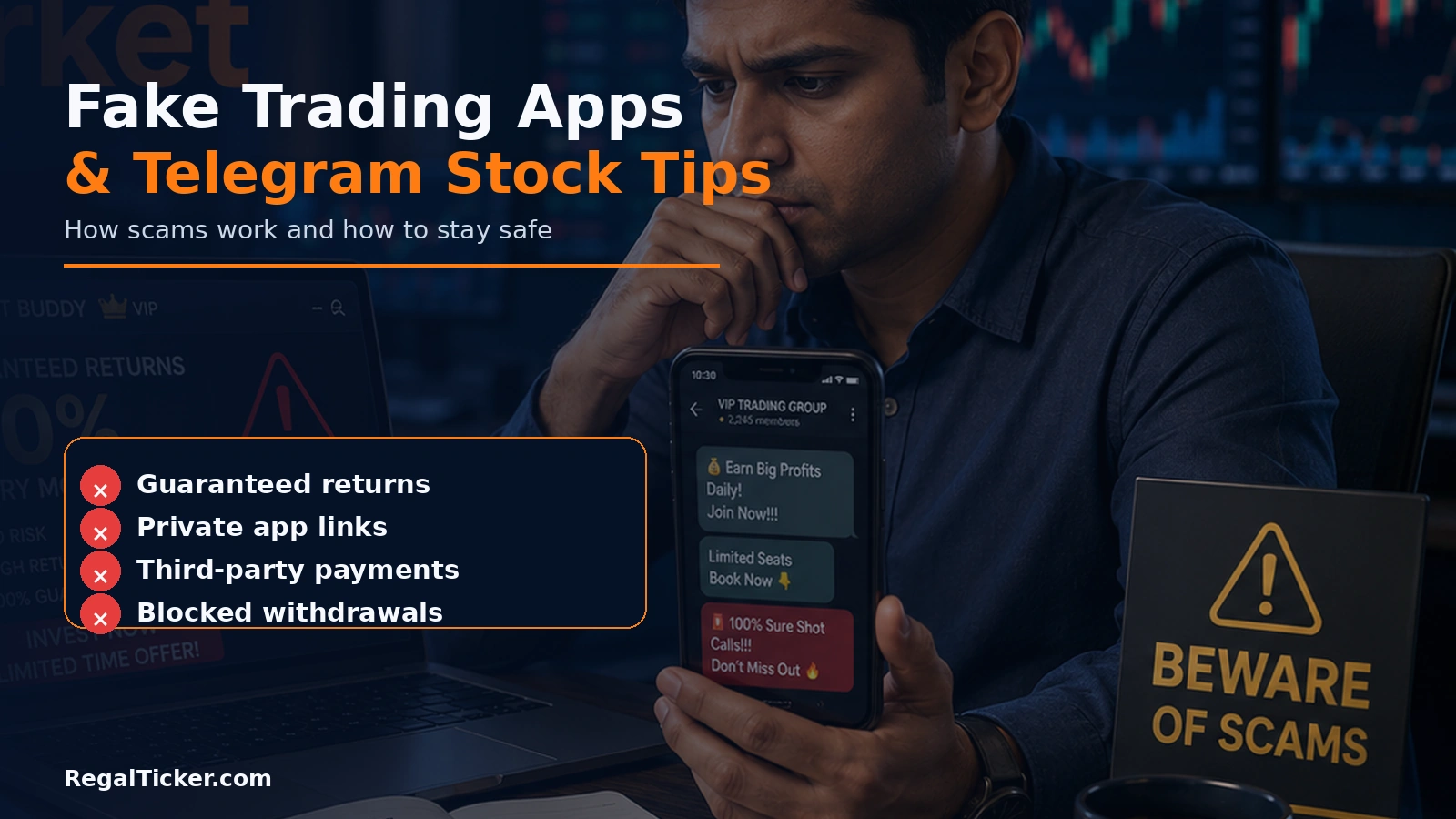 Indian investor identifying a fake trading app and Telegram stock-tip scam involving guaranteed returns, private groups and blocked withdrawals