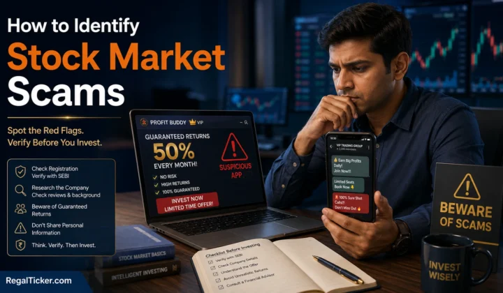 Indian investor identifying stock market scam warning signs including fake trading apps, guaranteed returns and suspicious payment requests.