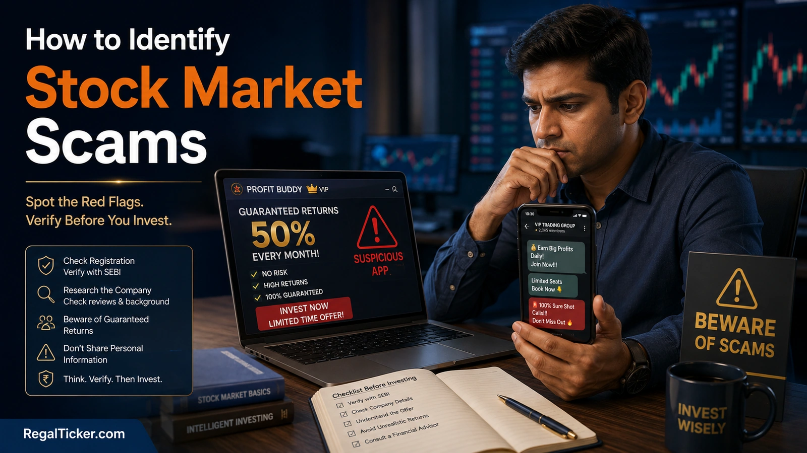Indian investor identifying stock market scam warning signs including fake trading apps, guaranteed returns and suspicious payment requests.