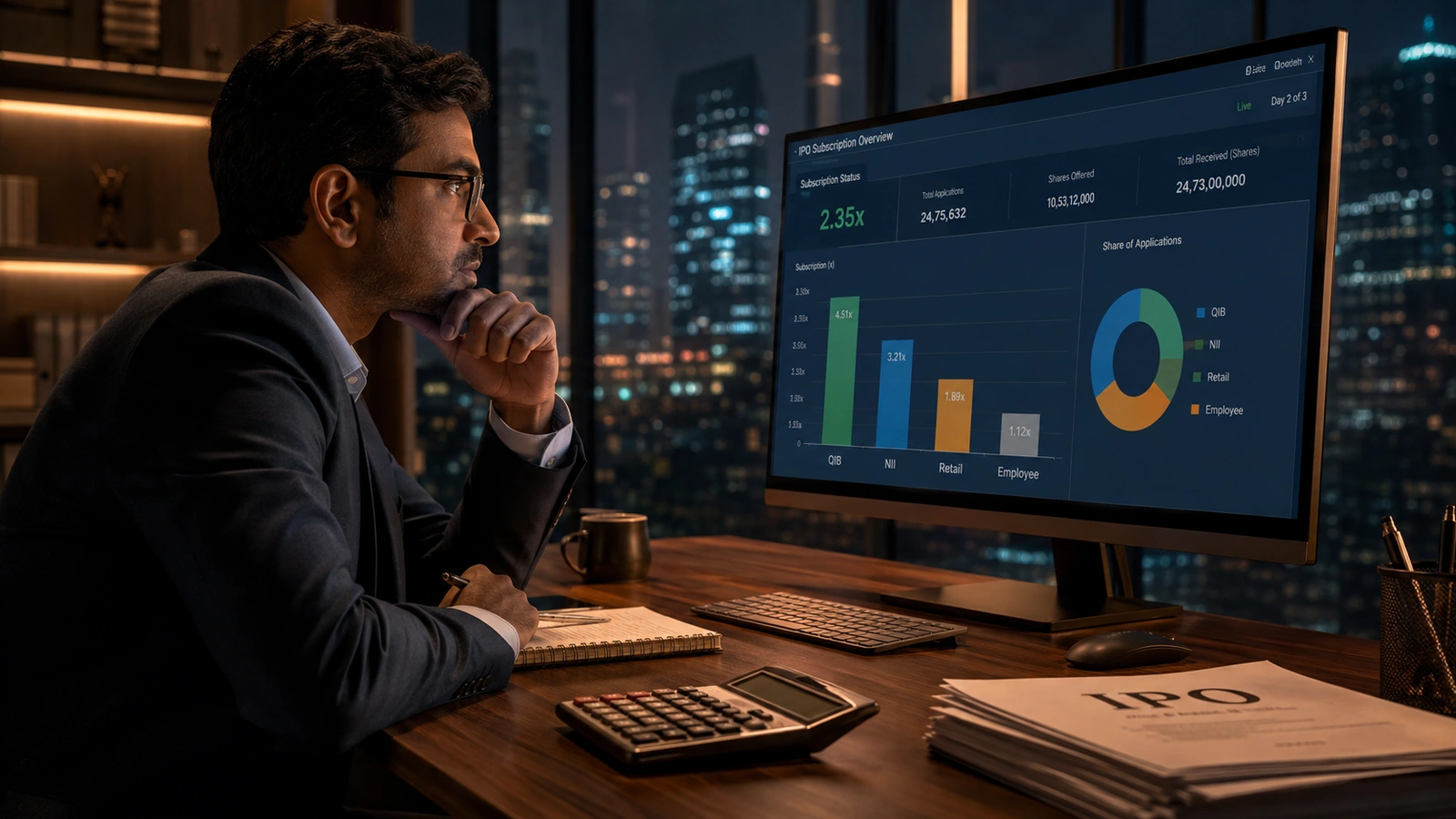 IPO subscription data dashboard showing QIB NII retail and employee demand