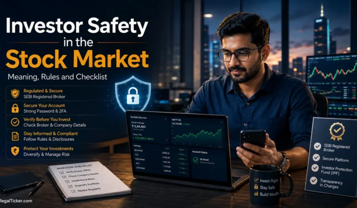 Indian investor protecting a demat and trading account using verified apps, secure passwords and regulated market intermediaries.