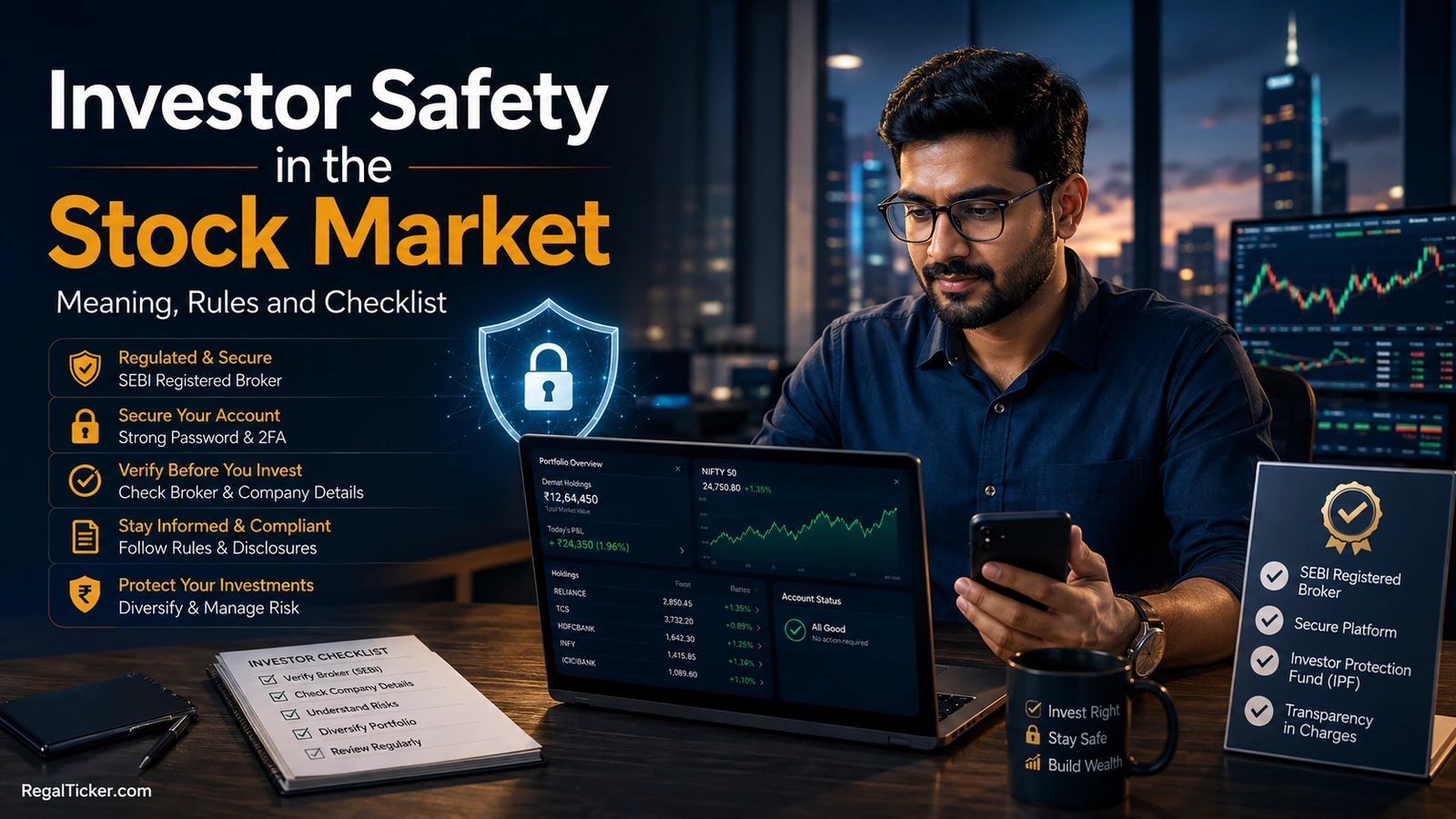 Indian investor protecting a demat and trading account using verified apps, secure passwords and regulated market intermediaries.