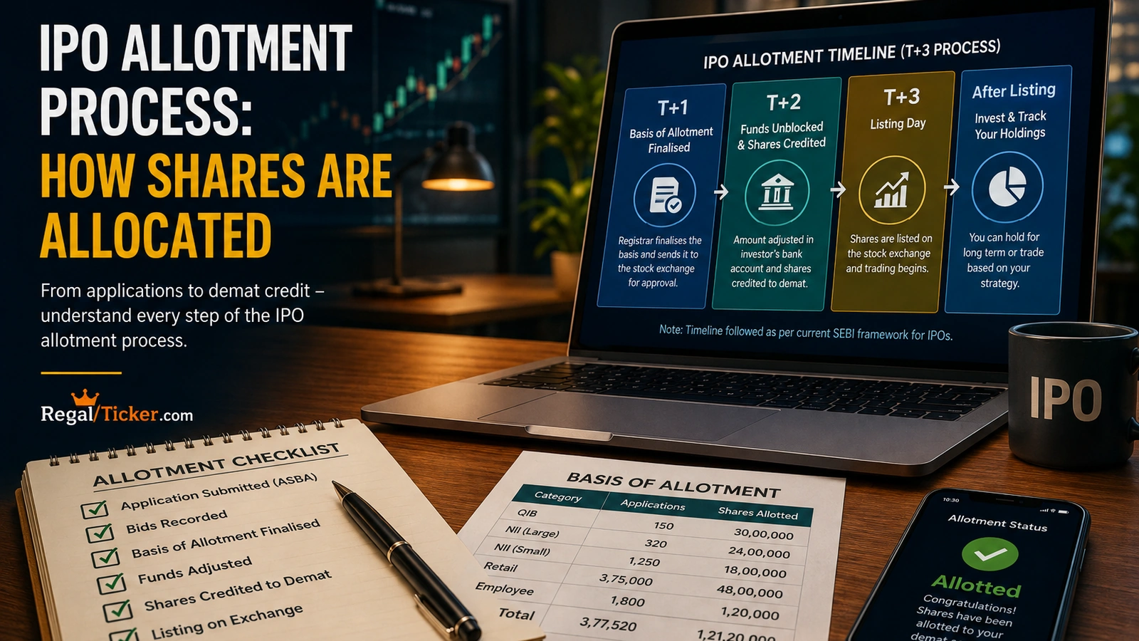 IPO allotment process showing application validation basis of allotment demat credit and listing