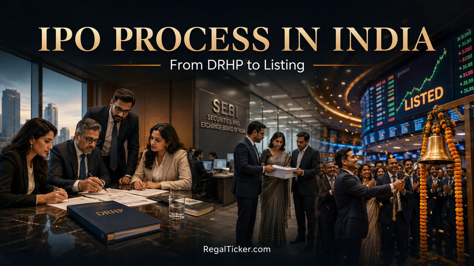 Complete IPO process in India from company preparation and DRHP to bidding allotment and stock exchange listing