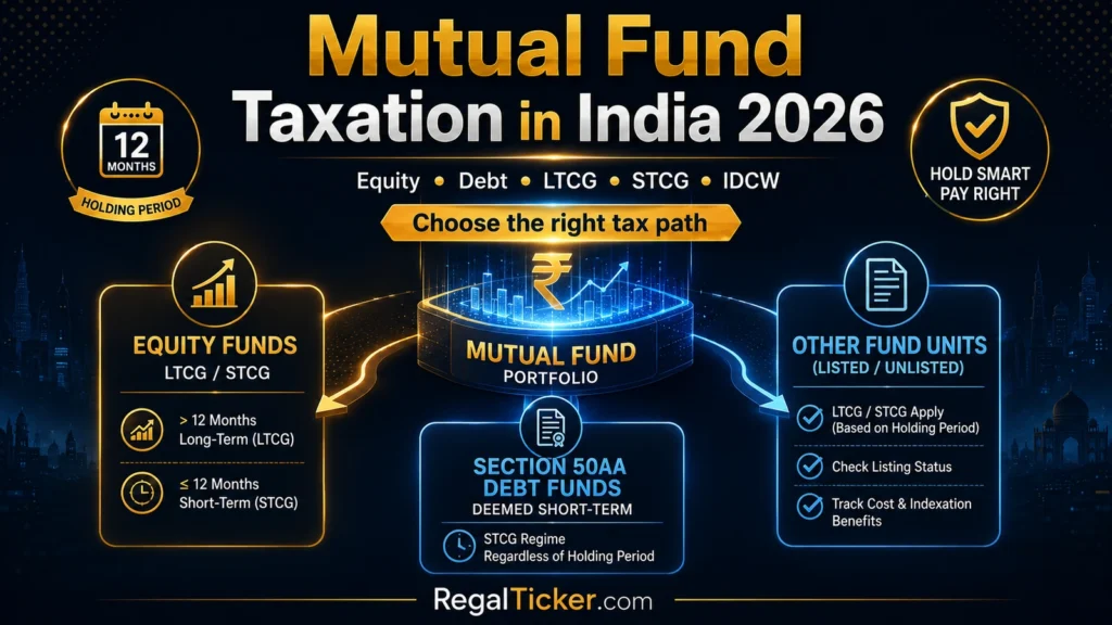Mutual fund taxation in India 2026 showing equity debt LTCG STCG and IDCW tax paths