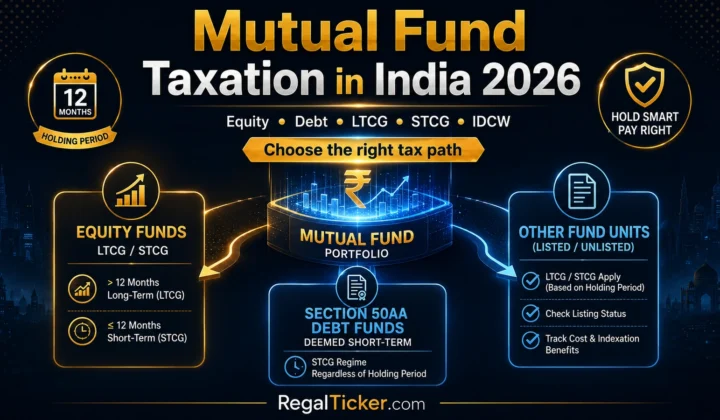 Mutual fund taxation in India 2026 showing equity debt LTCG STCG and IDCW tax paths