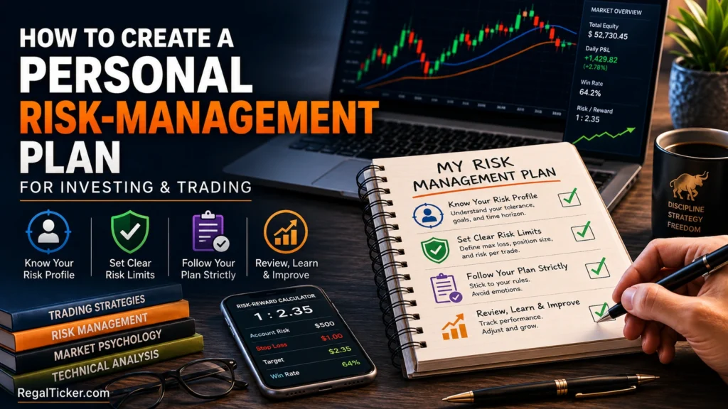 Personal risk-management plan shown as a written investment and trading blueprint with goals risk limits execution rules and review steps