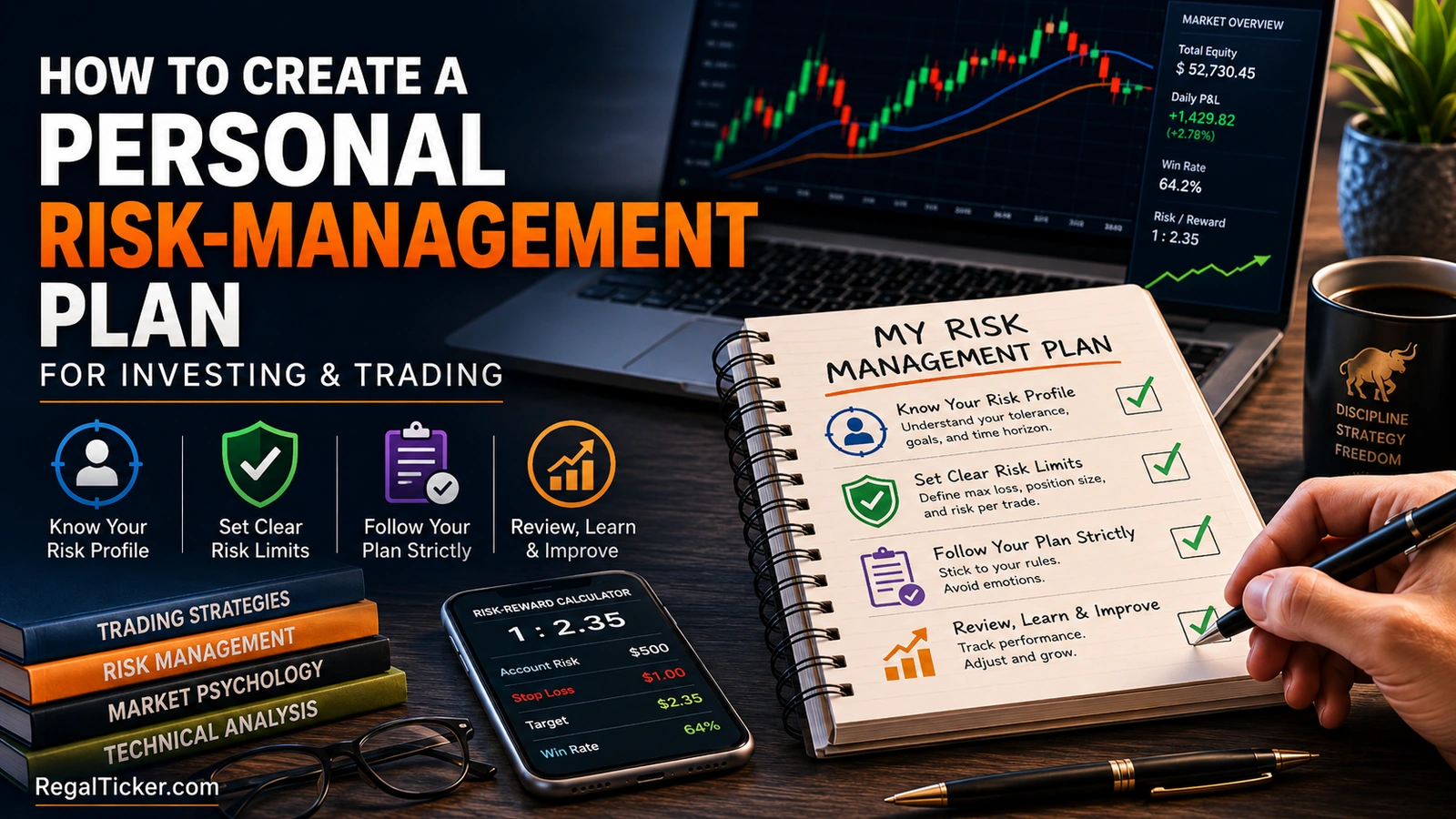 Personal risk-management plan shown as a written investment and trading blueprint with goals risk limits execution rules and review steps