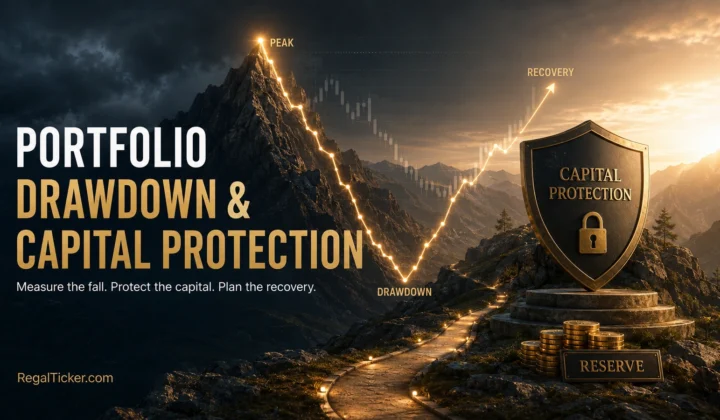 Portfolio drawdown and capital protection illustrated by a market peak falling into a valley and recovering behind a protective shield