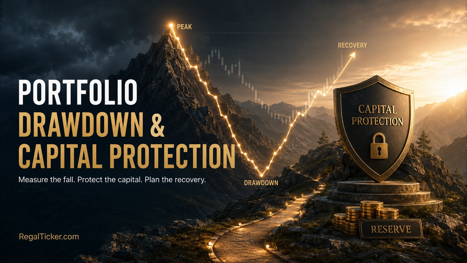 Portfolio drawdown and capital protection illustrated by a market peak falling into a valley and recovering behind a protective shield