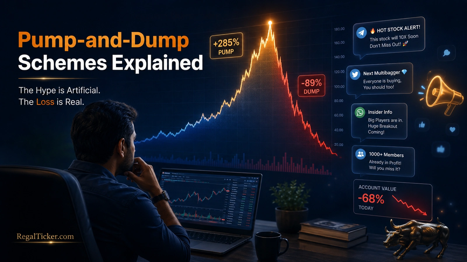 Indian investor identifying a pump-and-dump scheme involving social-media stock promotion, a sudden price spike and a sharp market crash