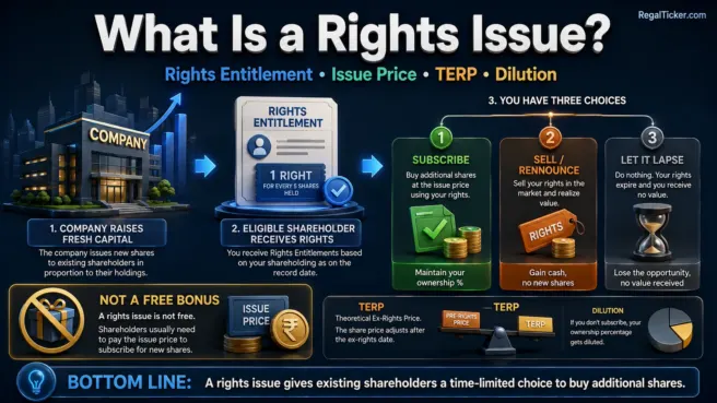Rights issue explained with fresh capital raising, Rights Entitlement, subscribe or sell choices, issue price, TERP and dilution for an existing shareholder