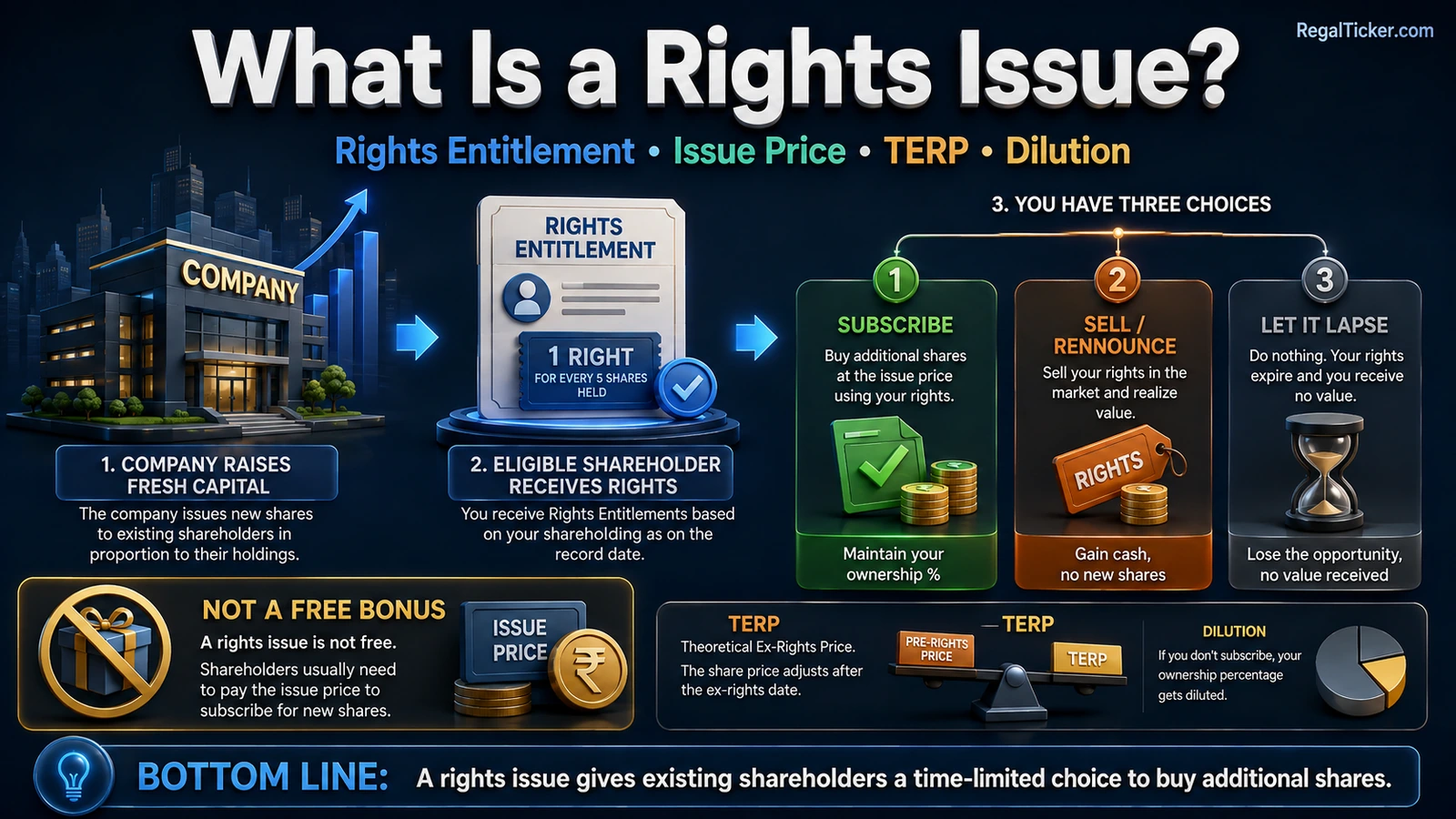Rights issue explained with fresh capital raising, Rights Entitlement, subscribe or sell choices, issue price, TERP and dilution for an existing shareholder