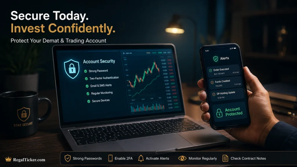 ndian investor protecting a demat and trading account with strong passwords, transaction alerts and regular account monitoring
