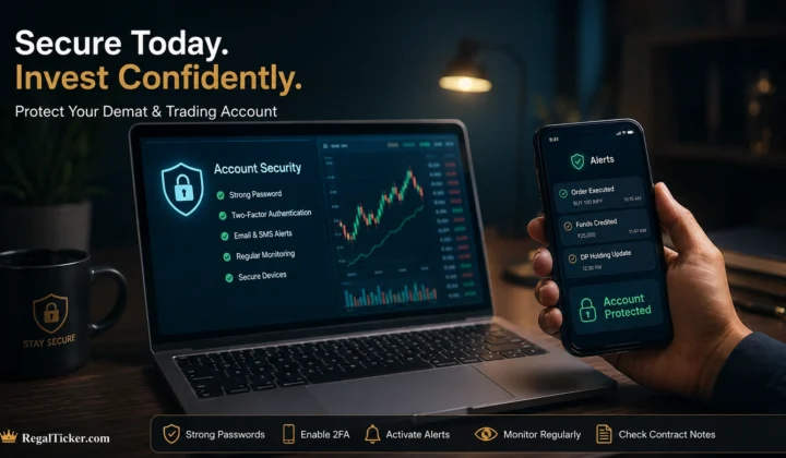 ndian investor protecting a demat and trading account with strong passwords, transaction alerts and regular account monitoring