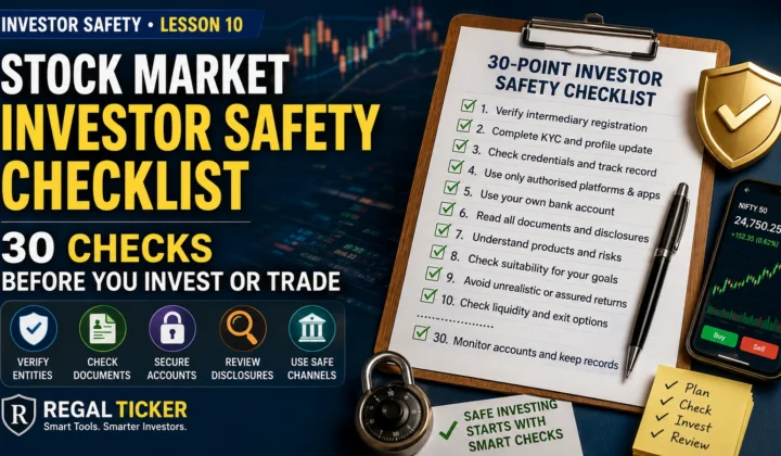 Indian investor using a 30-point stock market safety checklist before investing, trading or transferring money