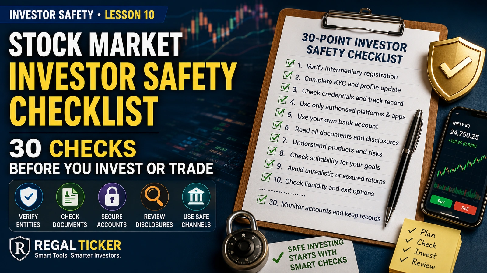 Indian investor using a 30-point stock market safety checklist before investing, trading or transferring money