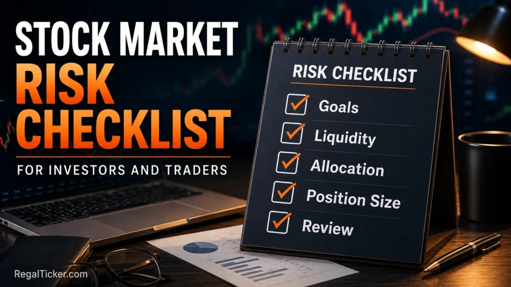 Stock market risk checklist covering goals liquidity allocation position size execution emotions and portfolio review