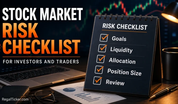Stock market risk checklist covering goals liquidity allocation position size execution emotions and portfolio review