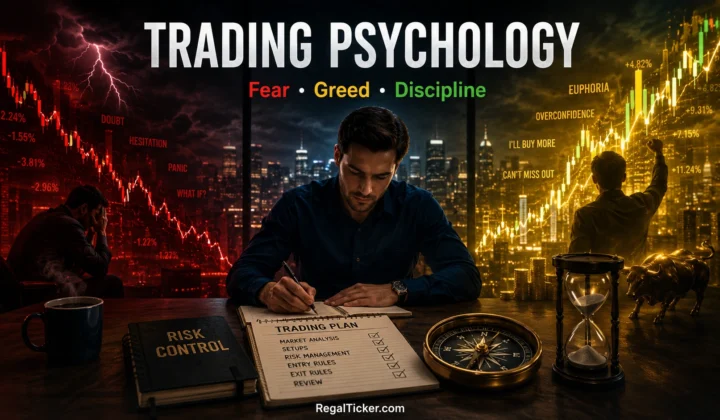 Trading psychology illustrated by fear and greed pulling a trader in opposite directions while discipline follows a planned central path