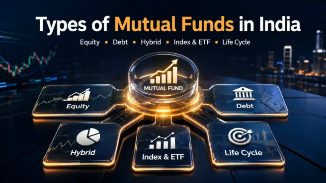 Types of mutual funds in India showing equity, debt, hybrid, index and ETF, and life cycle fund categories