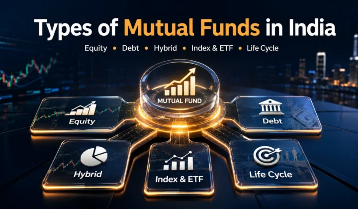 Types of mutual funds in India showing equity, debt, hybrid, index and ETF, and life cycle fund categories