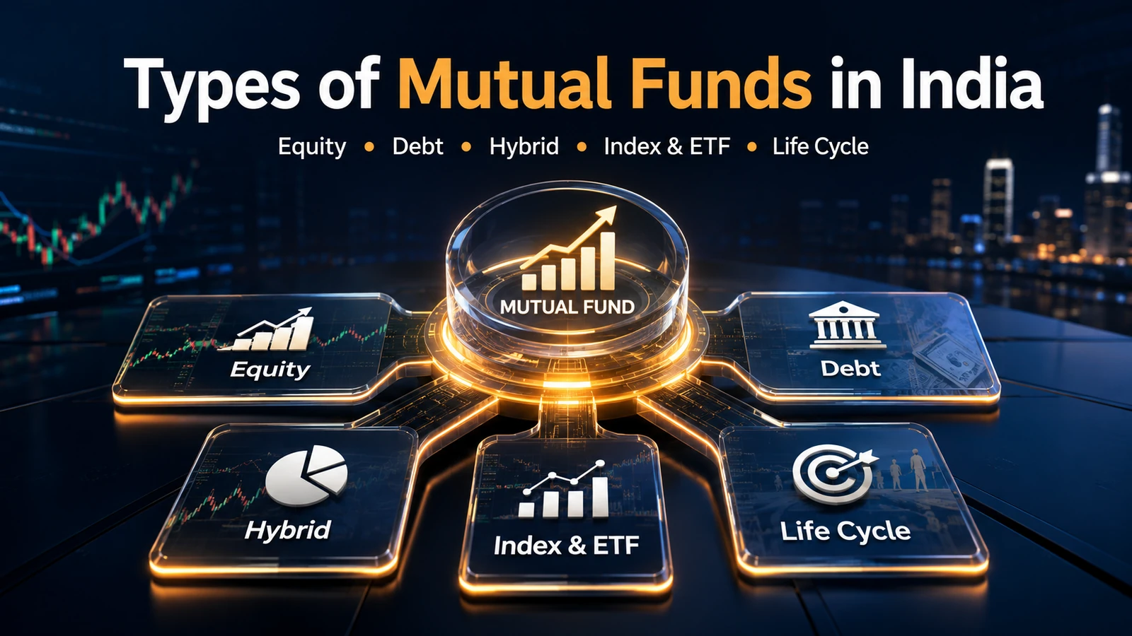 Types of mutual funds in India showing equity, debt, hybrid, index and ETF, and life cycle fund categories