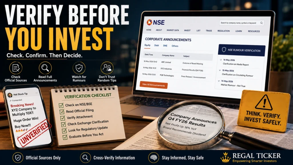 Indian investor verifying stock market news, company announcements and social-media claims through official exchange filings