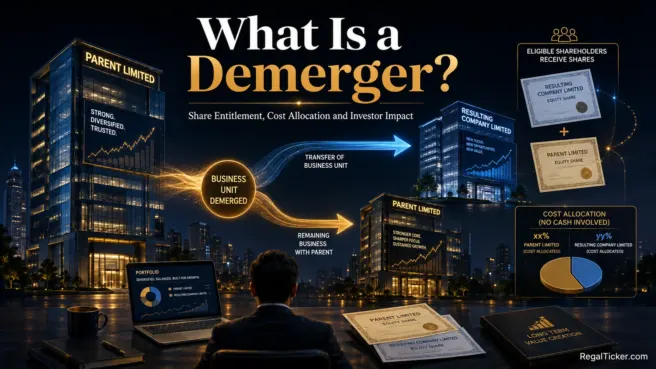 Demerger explained with one listed company separating into two businesses, eligible shareholders receiving resulting-company shares and investment cost being allocated.