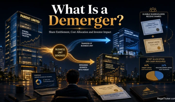 Demerger explained with one listed company separating into two businesses, eligible shareholders receiving resulting-company shares and investment cost being allocated.