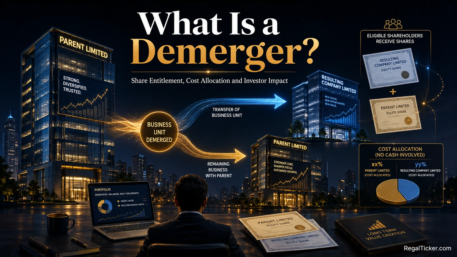 Demerger explained with one listed company separating into two businesses, eligible shareholders receiving resulting-company shares and investment cost being allocated.