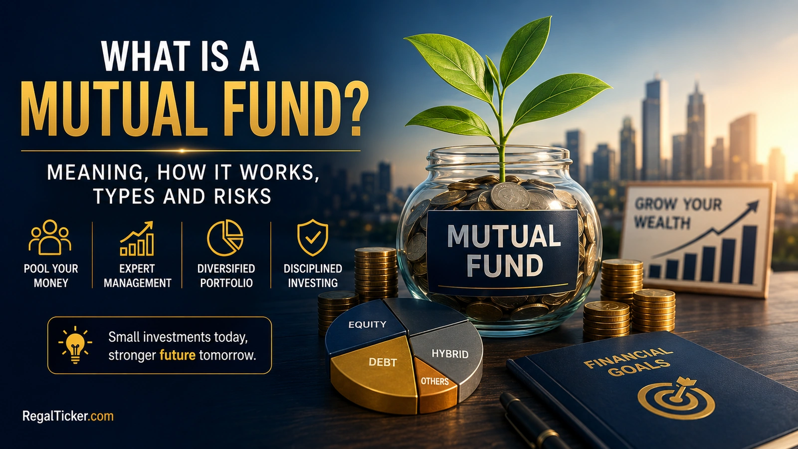 Mutual fund concept showing pooled money professional management diversification and long-term investing