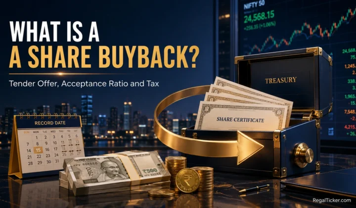 Share buyback explained with a company treasury repurchasing share certificates, record date, rupee cash payout and Indian stock-market background.
