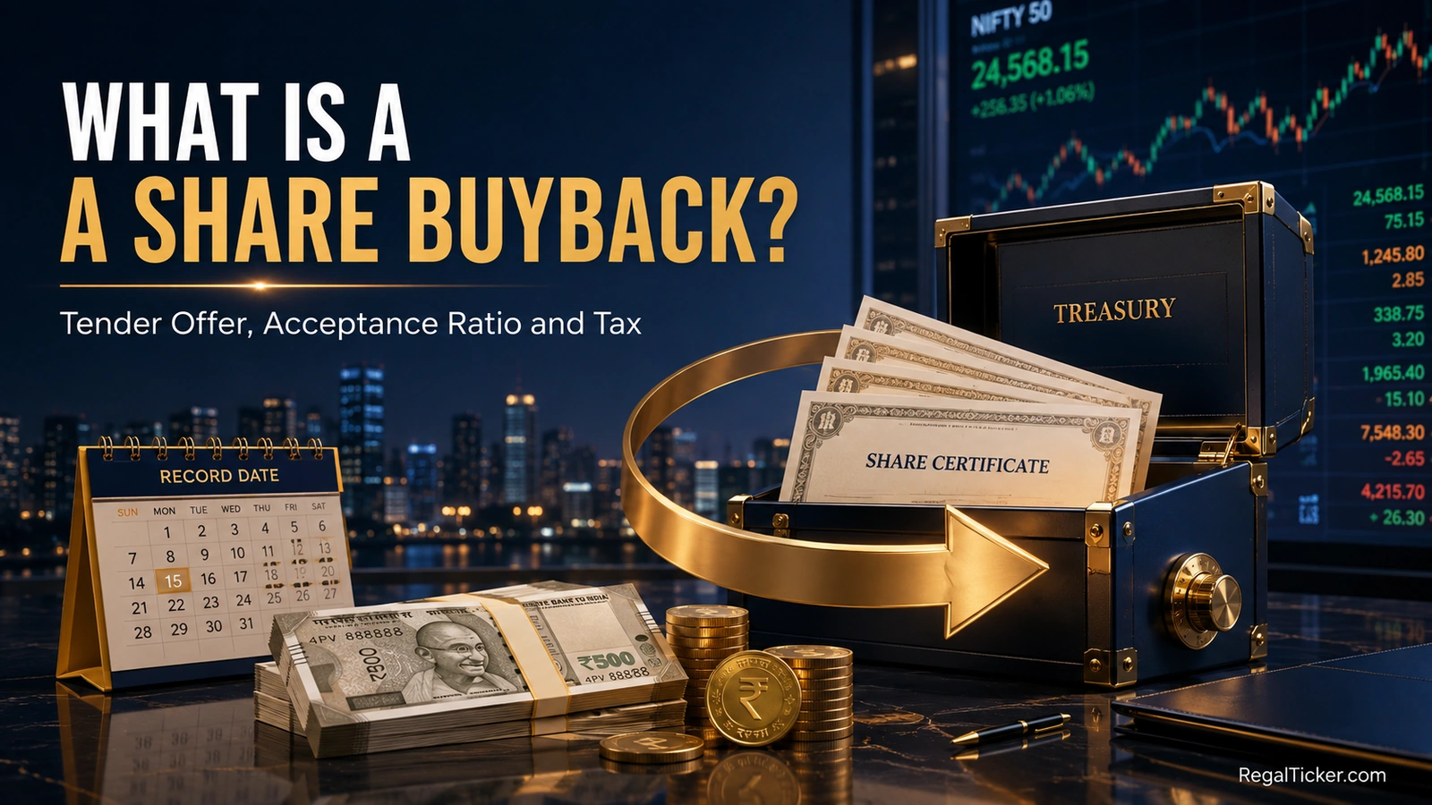 Share buyback explained with a company treasury repurchasing share certificates, record date, rupee cash payout and Indian stock-market background.
