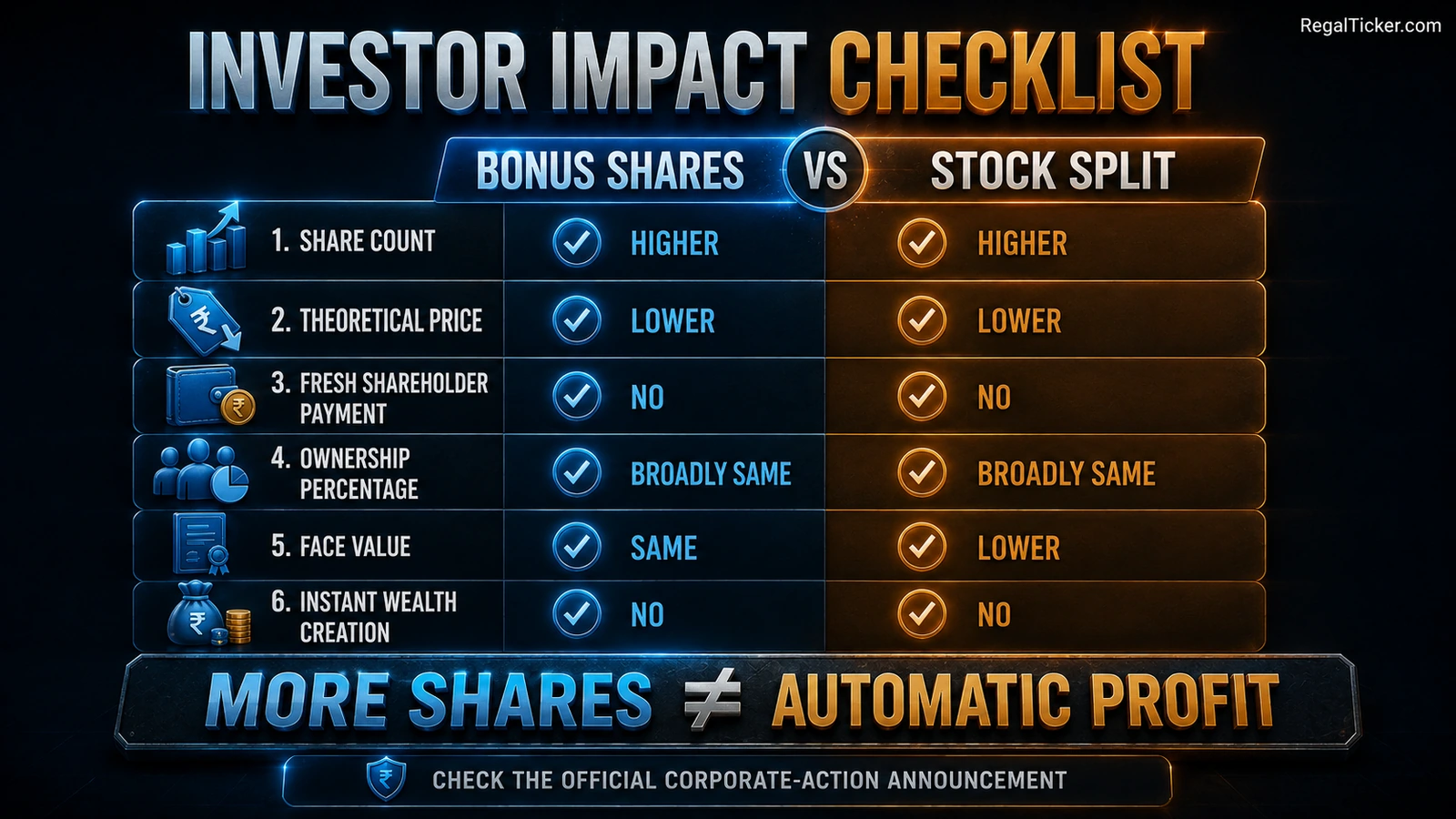 One-for-one bonus issue compared with a two-for-one stock split using the same 100-share starting holding and showing revised share count and theoretical price