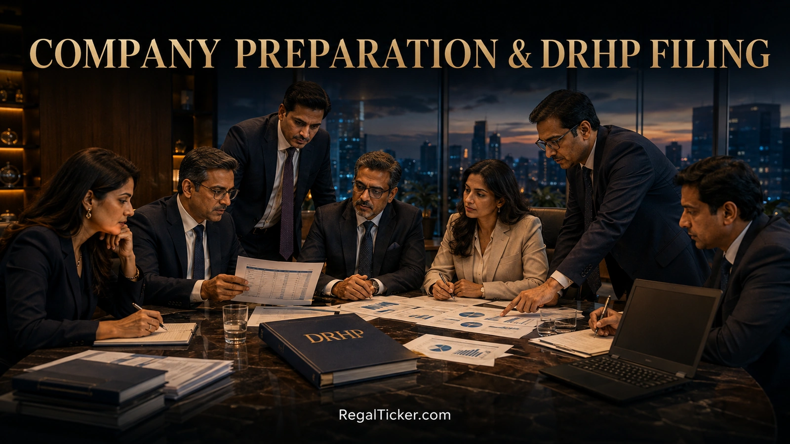 IPO preparation stage showing merchant bankers due diligence financial statements and DRHP filing