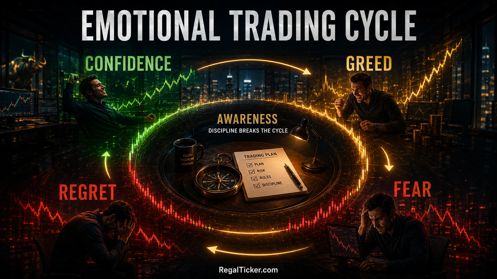 Emotional trading cycle showing confidence greed fear regret and renewed discipline around a market chart
