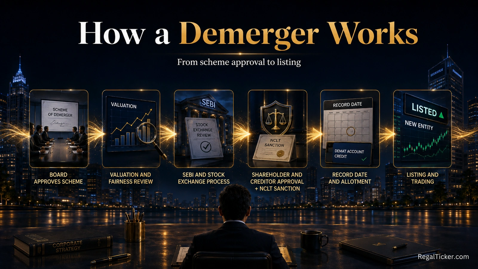 Demerger process from board-approved scheme and NCLT approval to record date, resulting-company share allotment and listing.