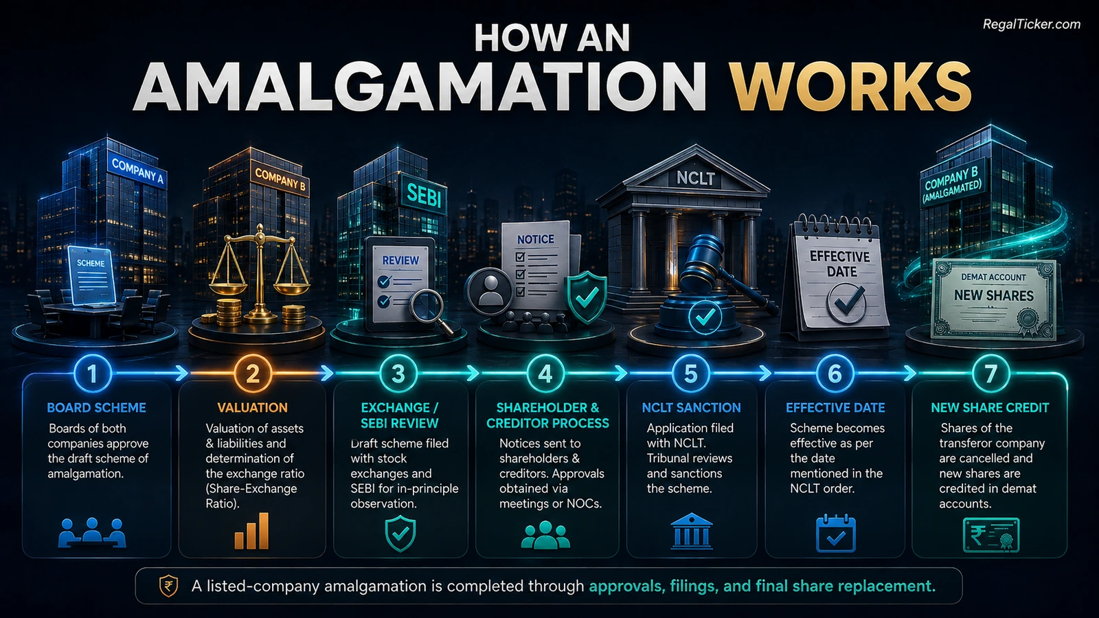 Amalgamation process from board-approved scheme and valuation through stock exchange and regulatory review, shareholder or creditor approval, NCLT sanction, effective date and share credit