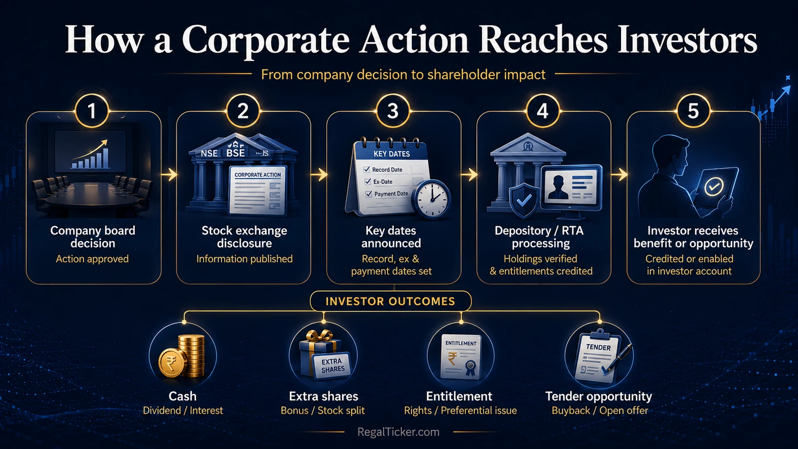 Corporate action investor journey from company decision and stock exchange disclosure to eligibility, RTA or depository processing and the final shareholder outcome