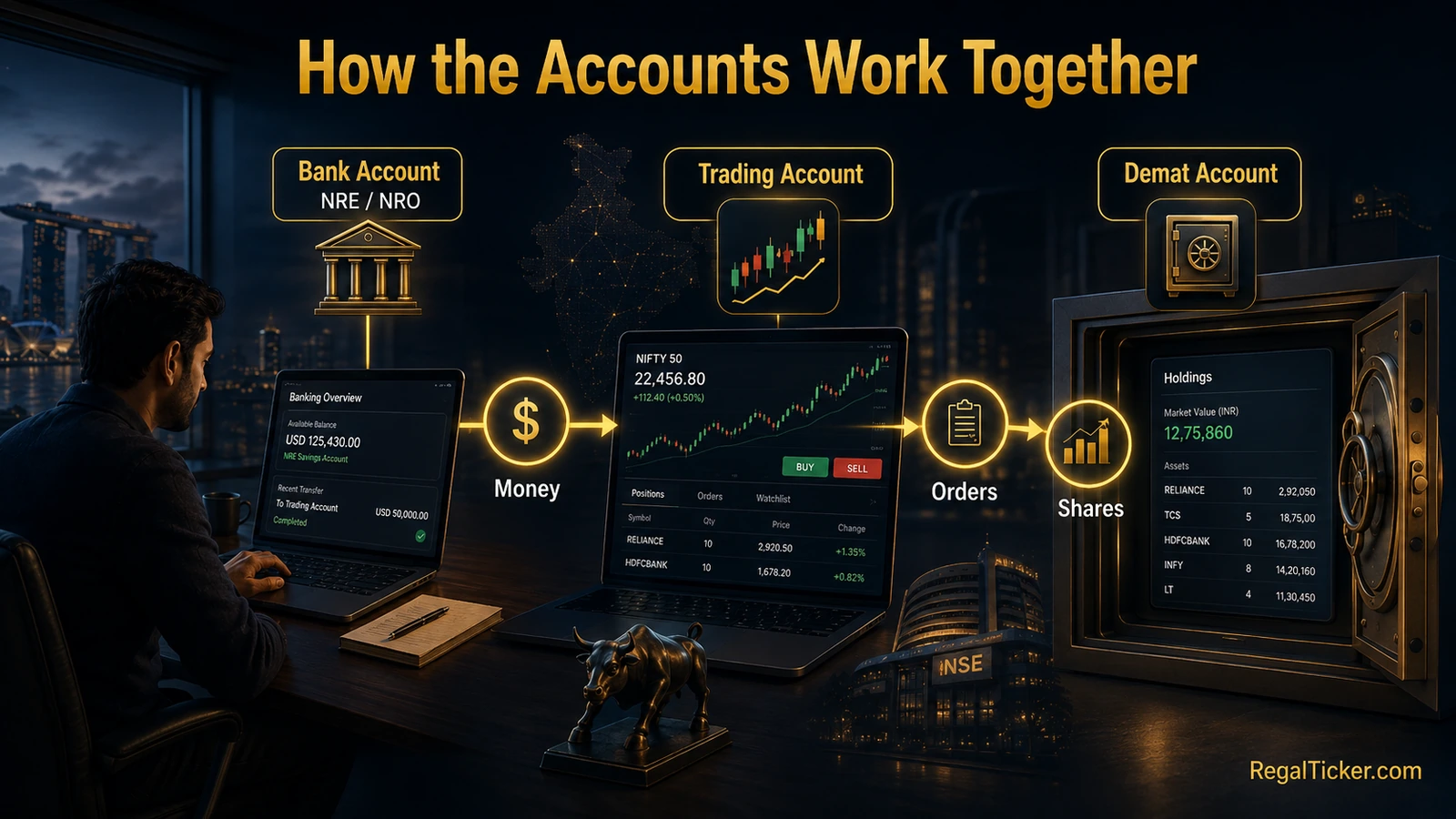 Flow showing NRI bank account, trading account and Demat account working together for Indian share investing