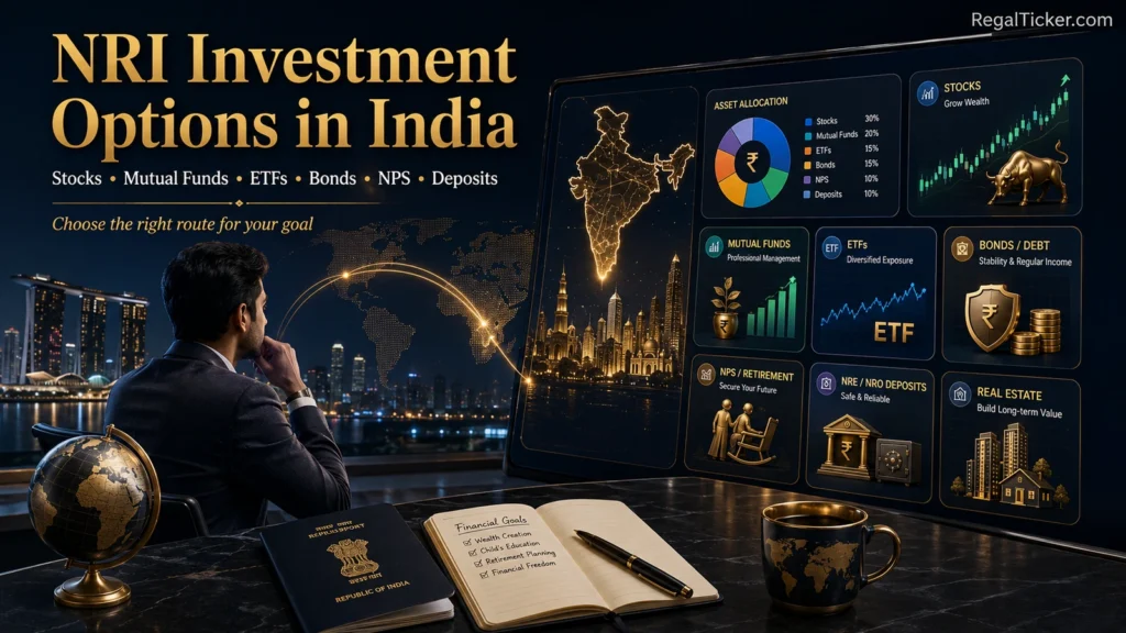 NRI investor comparing investment options in India including stocks, mutual funds, ETFs, bonds, NPS and deposits
