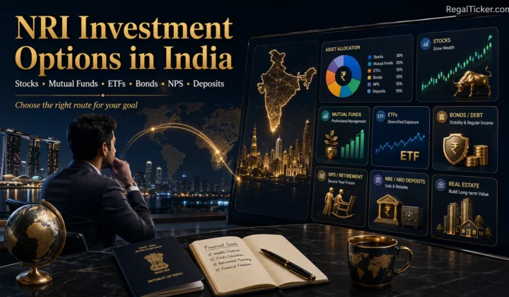 NRI investor comparing investment options in India including stocks, mutual funds, ETFs, bonds, NPS and deposits