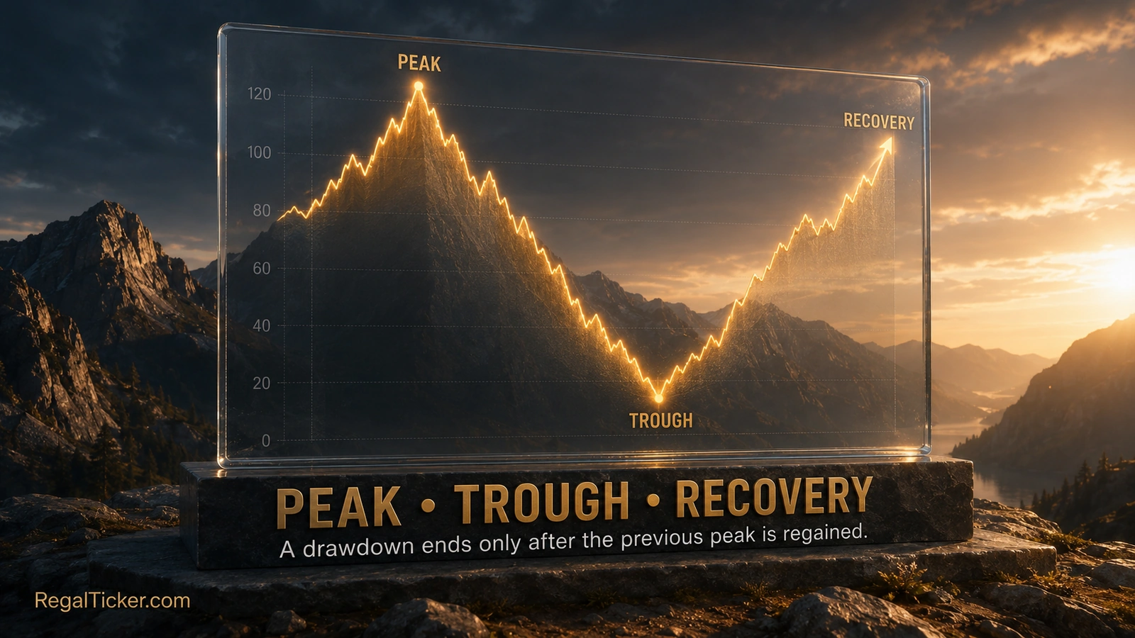 Portfolio drawdown chart marking the previous peak trough maximum drawdown and recovery level